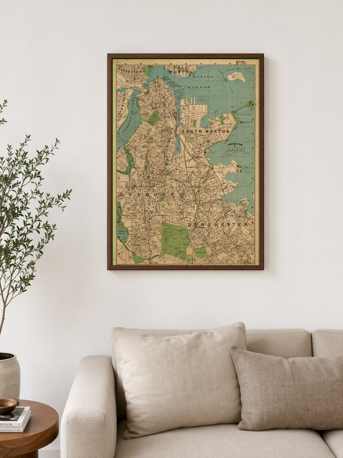 Vintage Boston City Map Wall Art Print - dark wood framed