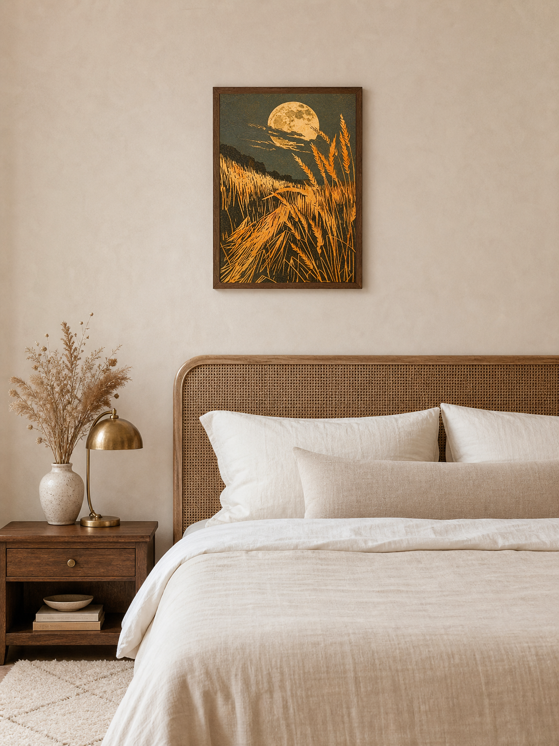 Harvest Moon Wheat Field Wall Art Print - dark wood framed