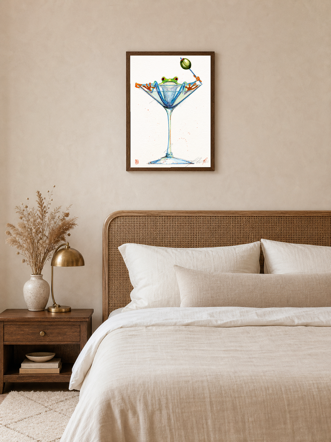 Frog in Martini Glass Cocktail Wall Art Print - dark wood framed