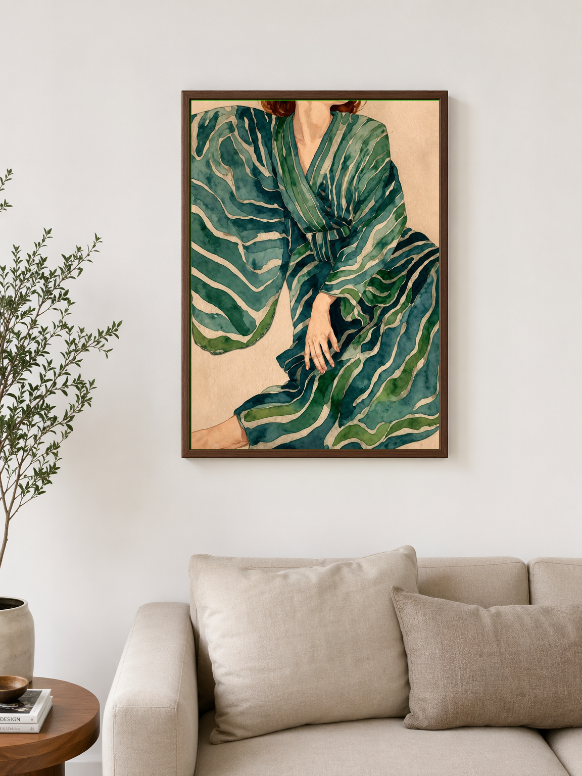 Green Striped Kimono Wall Art Print - dark wood framed
