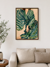 Green Striped Kimono Wall Art Print - dark wood framed