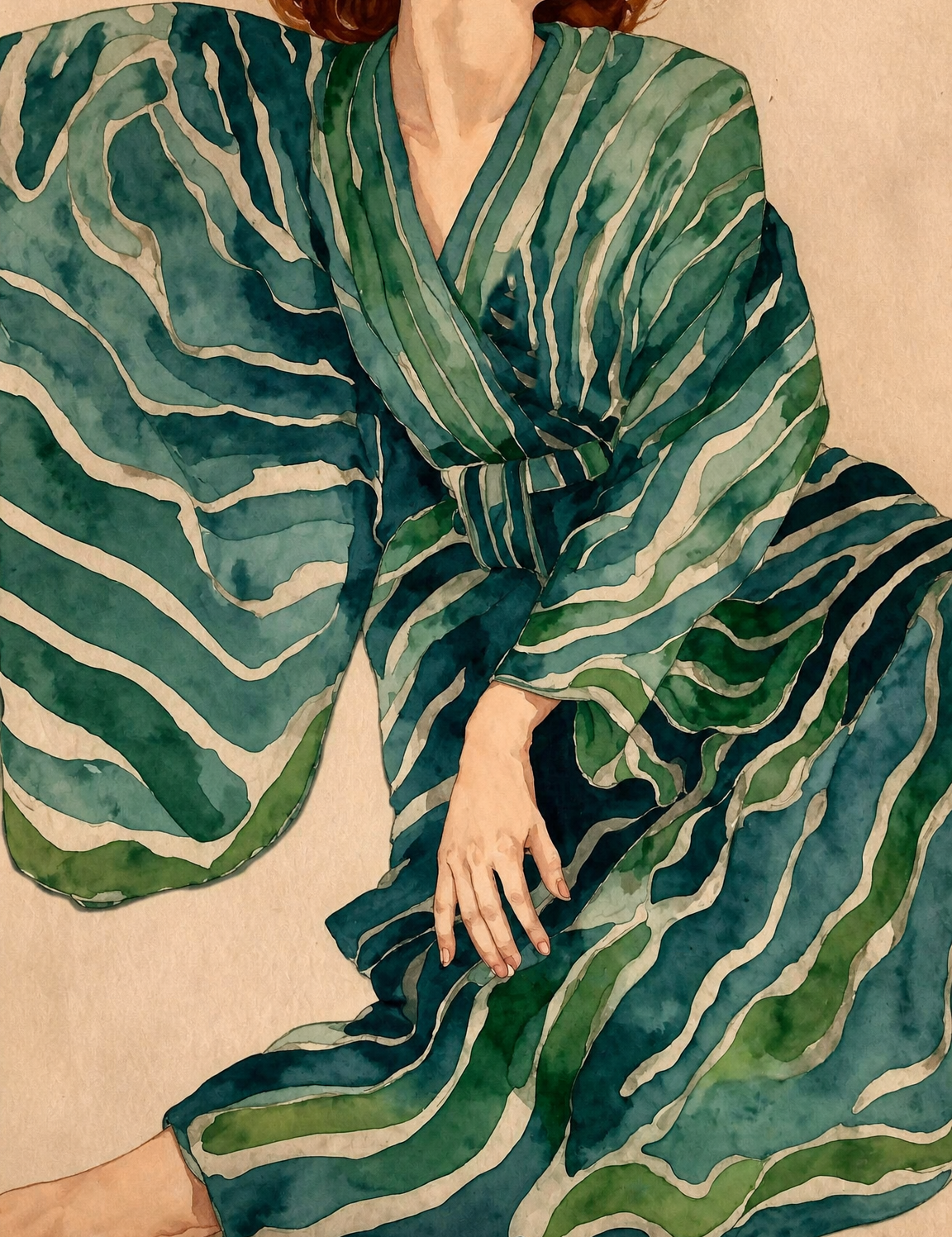 Green Striped Kimono Wall Art Print - unframed
