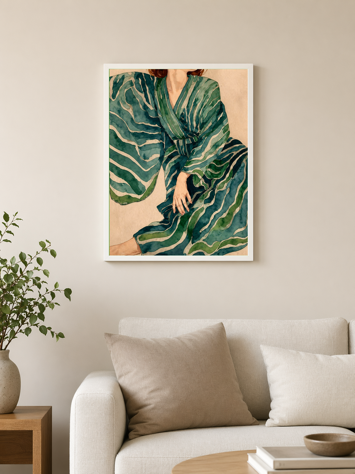 Green Striped Kimono Wall Art Print - white framed