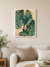 Green Striped Kimono Wall Art Print - white framed