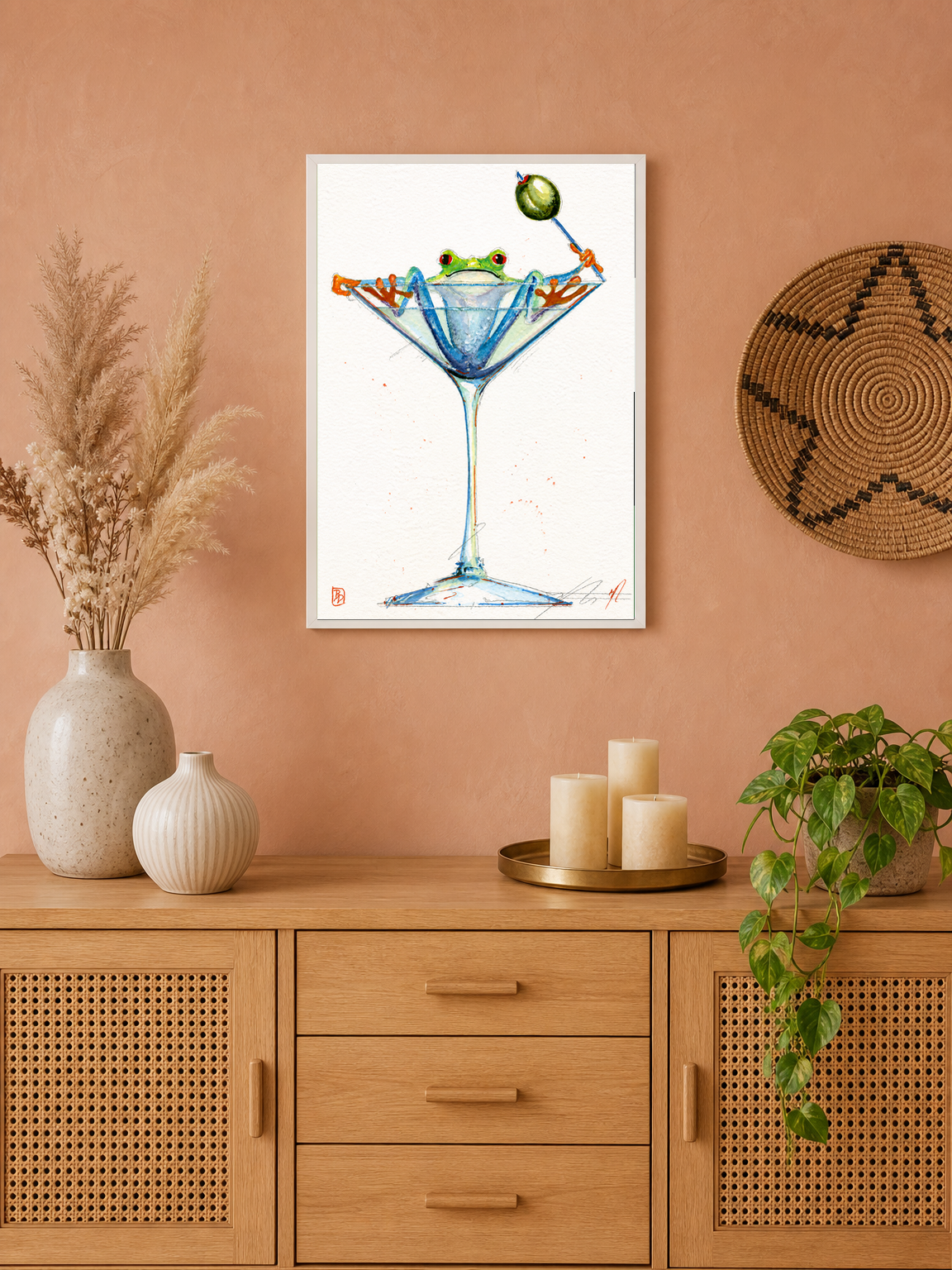 Frog in Martini Glass Cocktail Wall Art Print - white framed