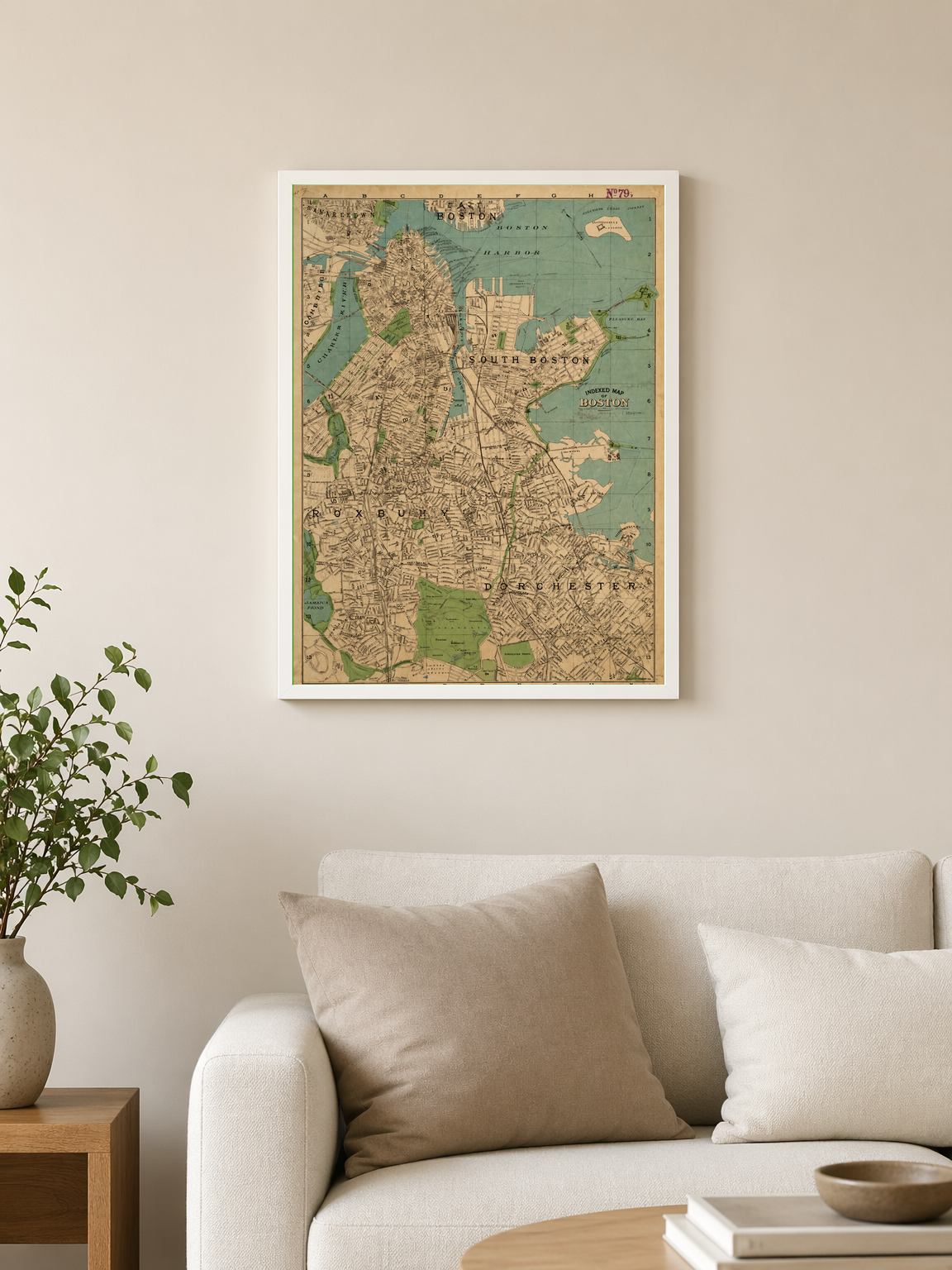 Vintage Boston City Map Wall Art Print - white framed