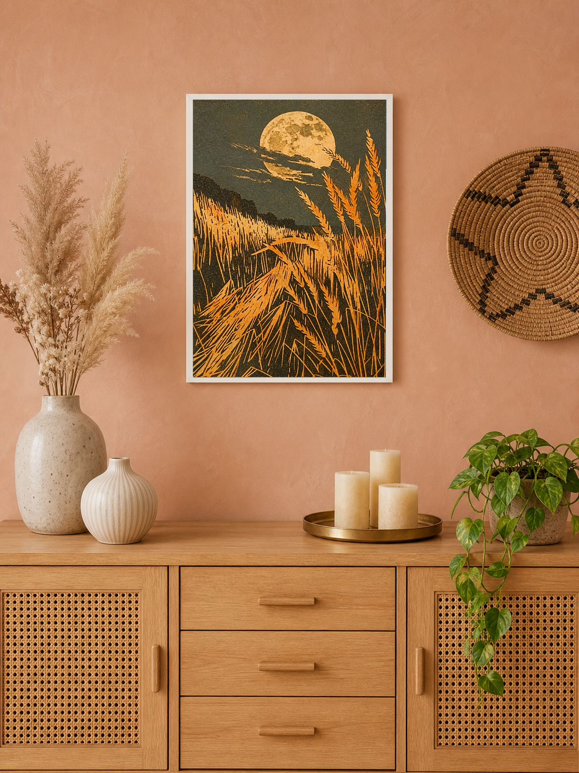 Harvest Moon Wheat Field Wall Art Print - white framed
