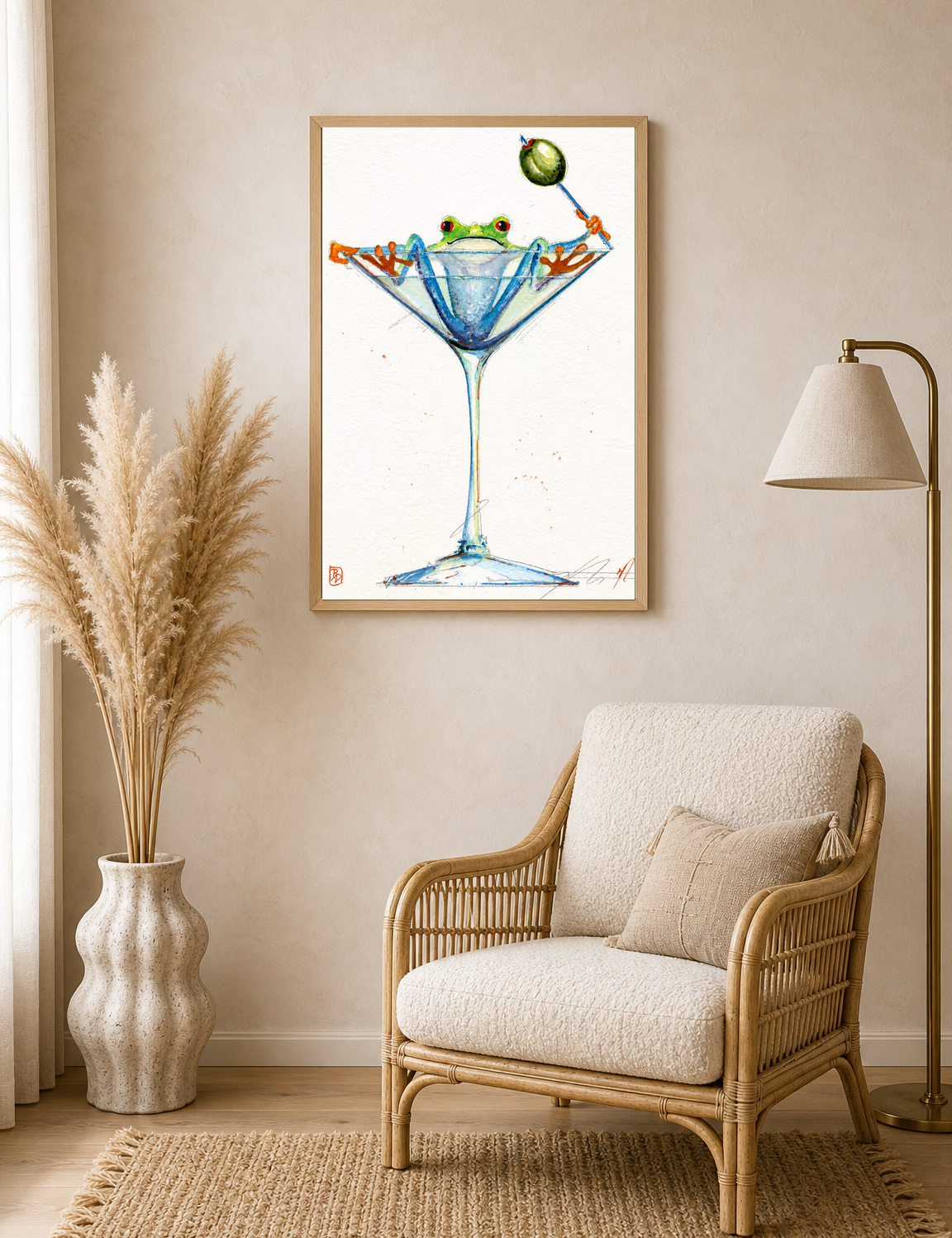 Frog in Martini Glass Cocktail Wall Art Print - wood framed poster