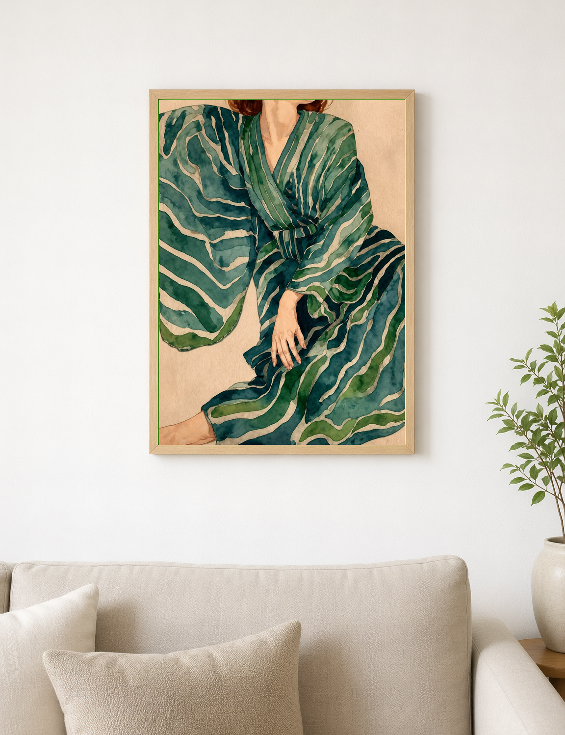 Green Striped Kimono Wall Art Print - wood framed poster