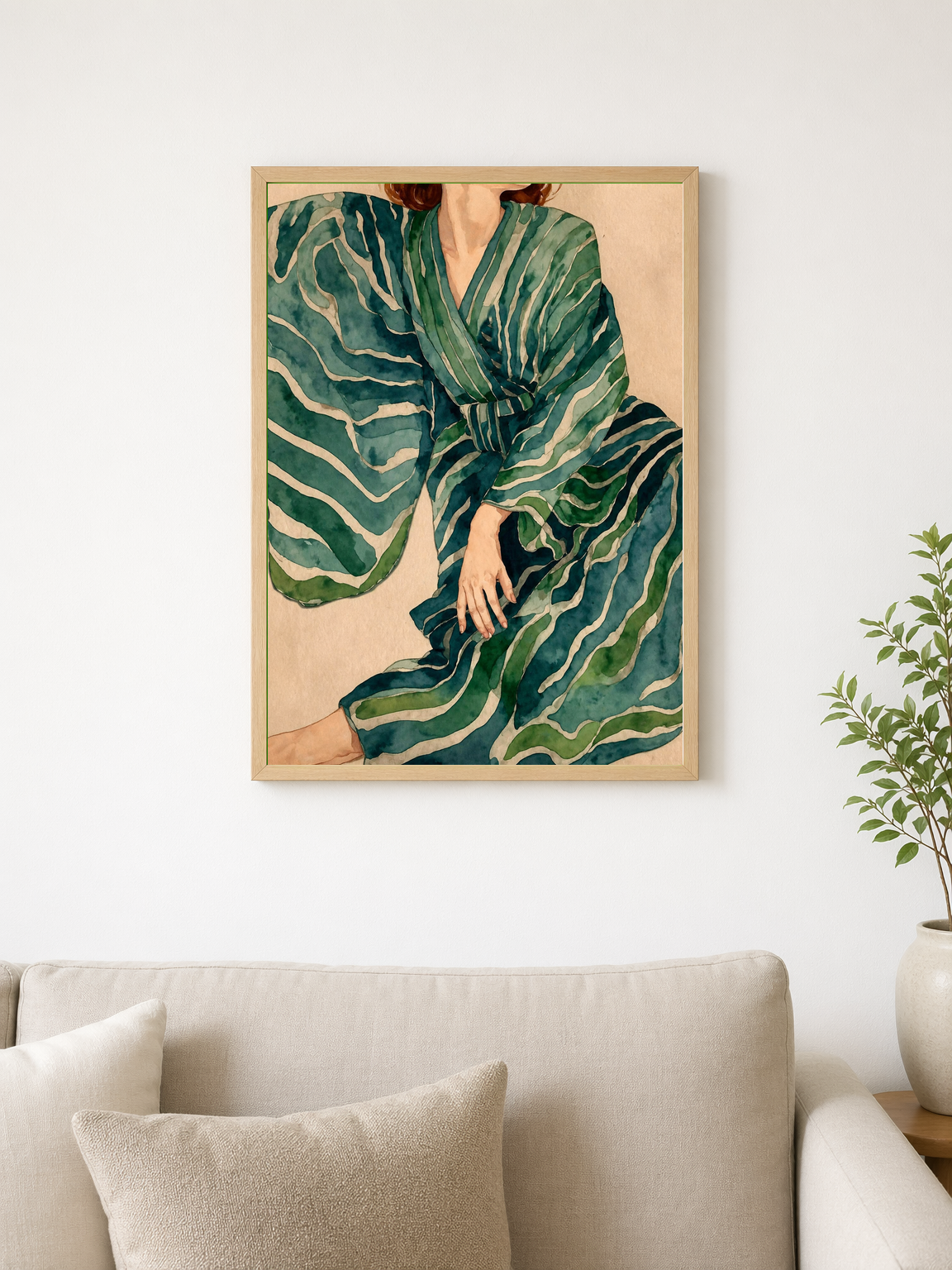 Green Striped Kimono Wall Art Print - wood framed poster