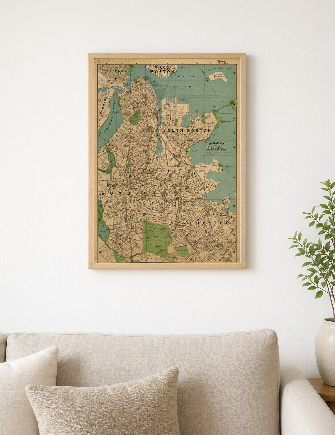 Vintage Boston City Map Wall Art Print - wood framed poster