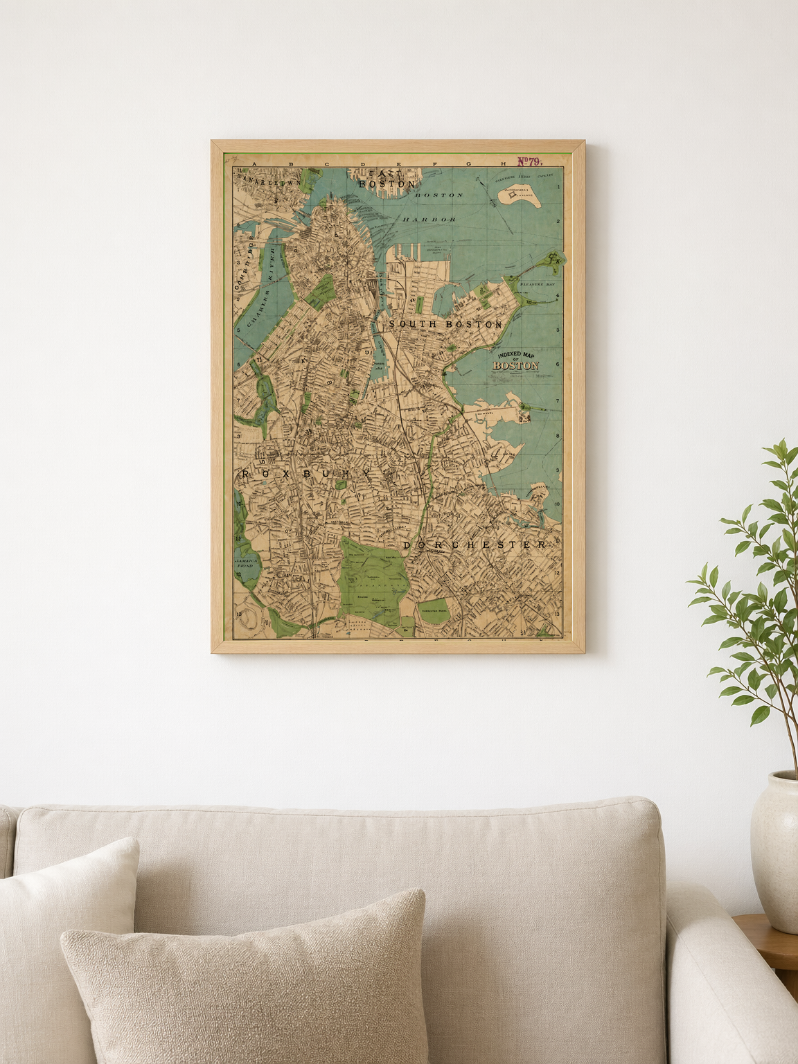 Vintage Boston City Map Wall Art Print - wood framed poster
