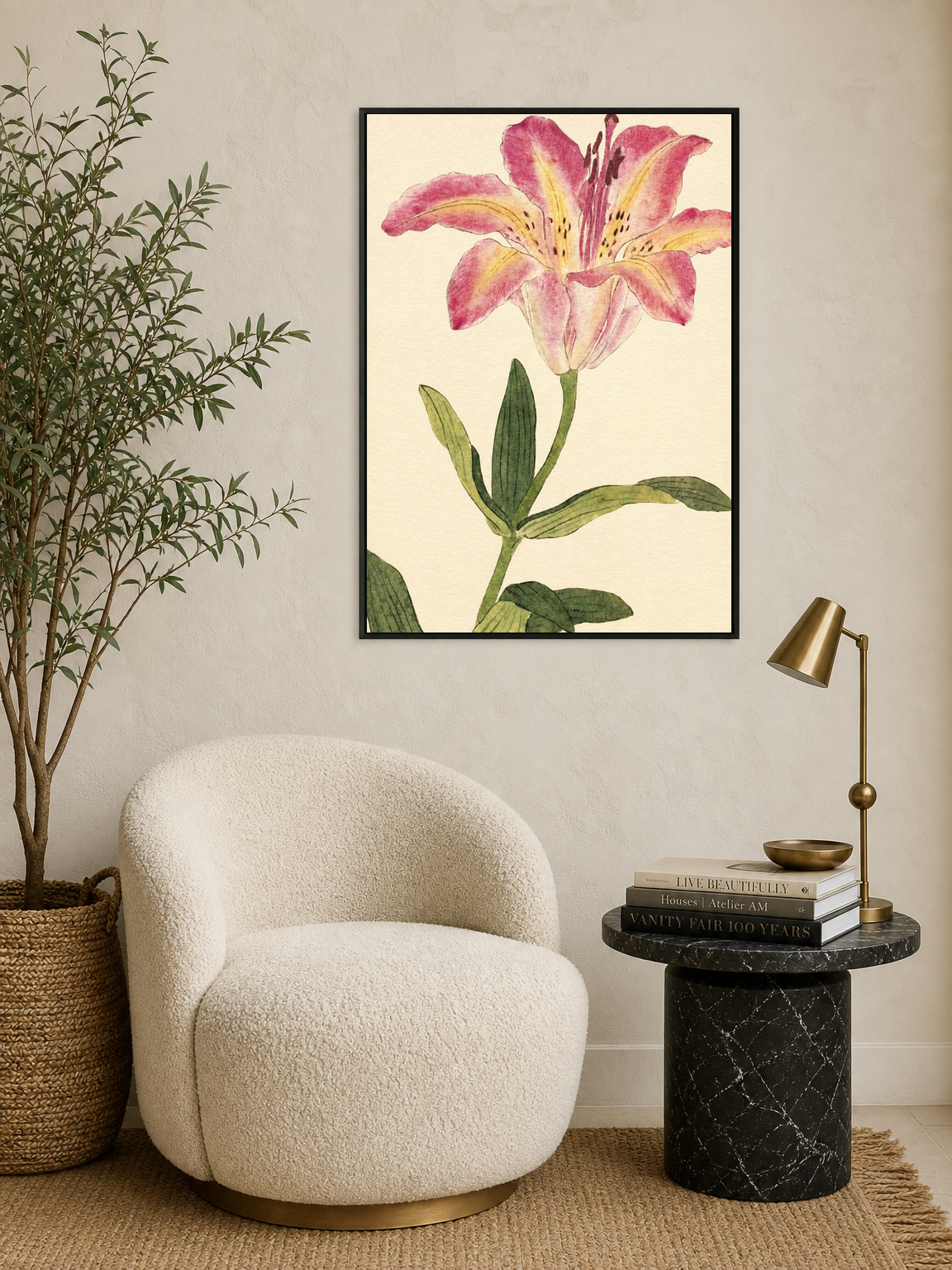 Pink Lily Botanical Wall Art Print - black framed