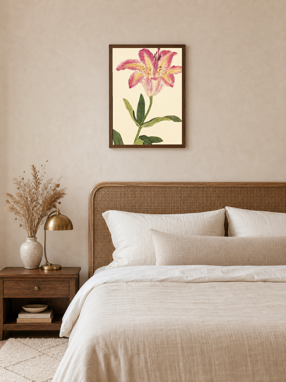 Pink Lily Botanical Wall Art Print - dark wood framed