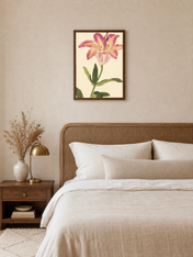 Pink Lily Botanical Wall Art Print - dark wood framed