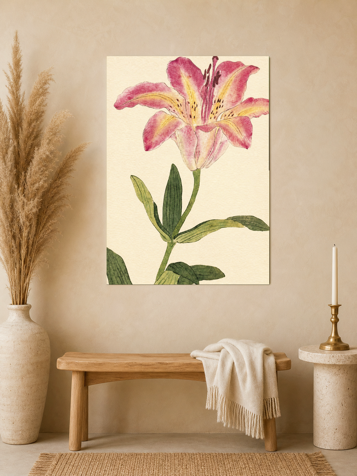 Pink Lily Botanical Wall Art Print - unframed mockup