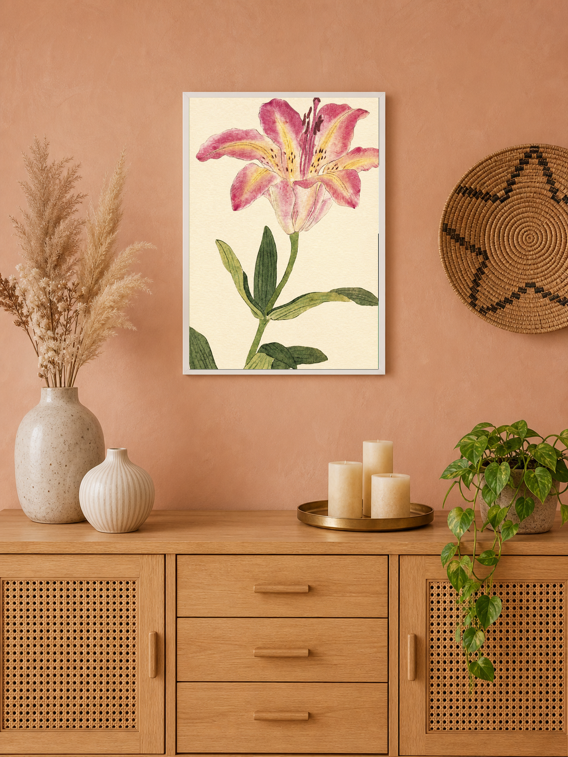 Pink Lily Botanical Wall Art Print - white framed