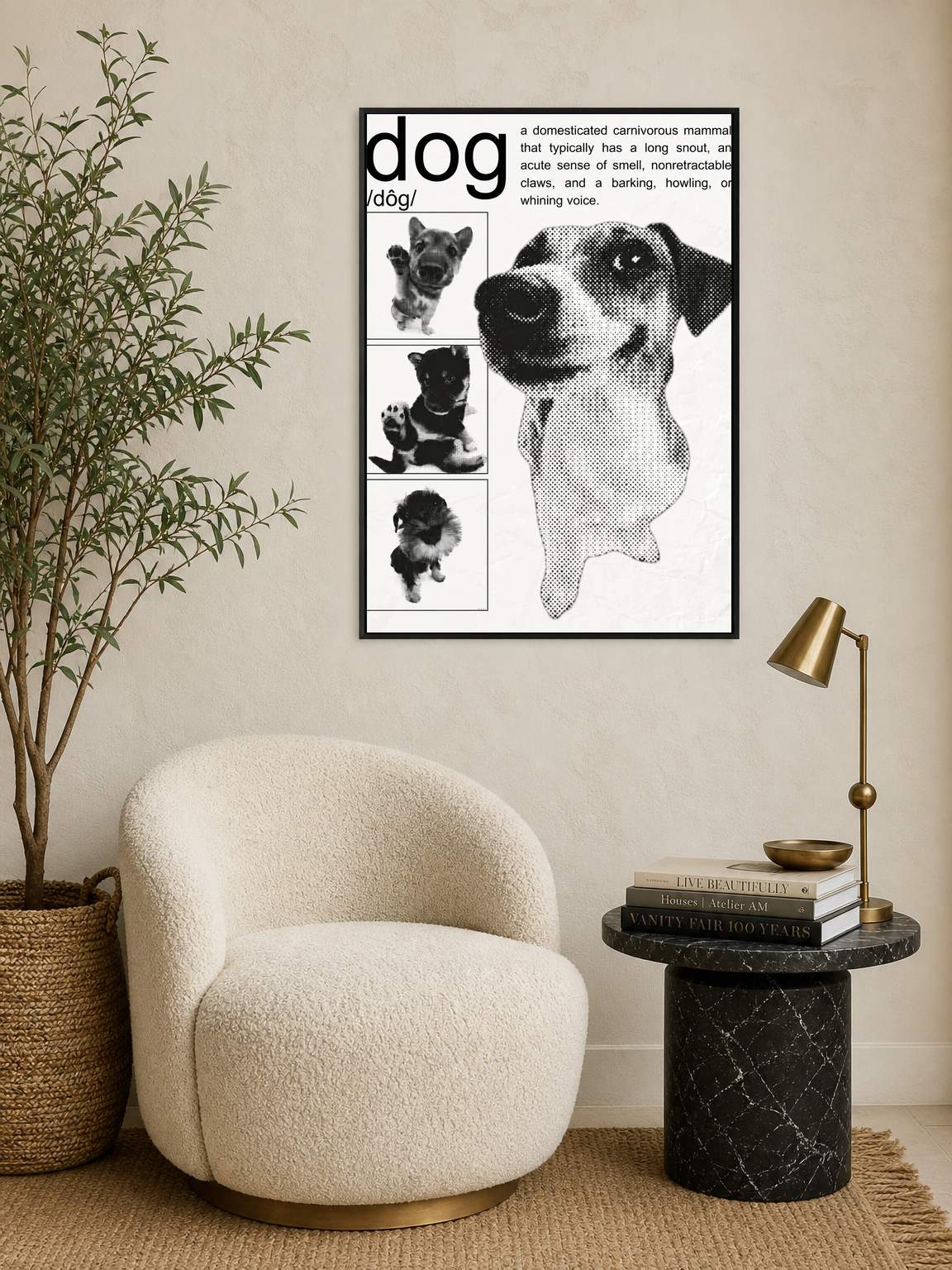 Black and White Dog Definition Wall Art Print - black framed