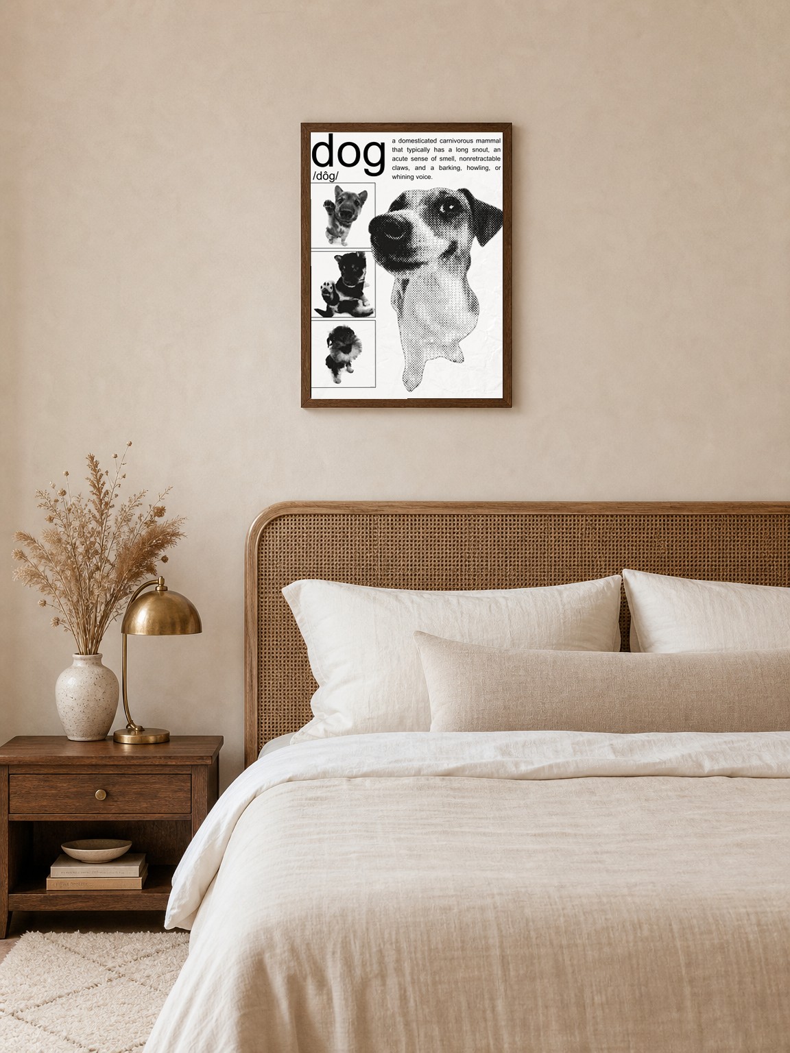Black and White Dog Definition Wall Art Print - dark wood framed