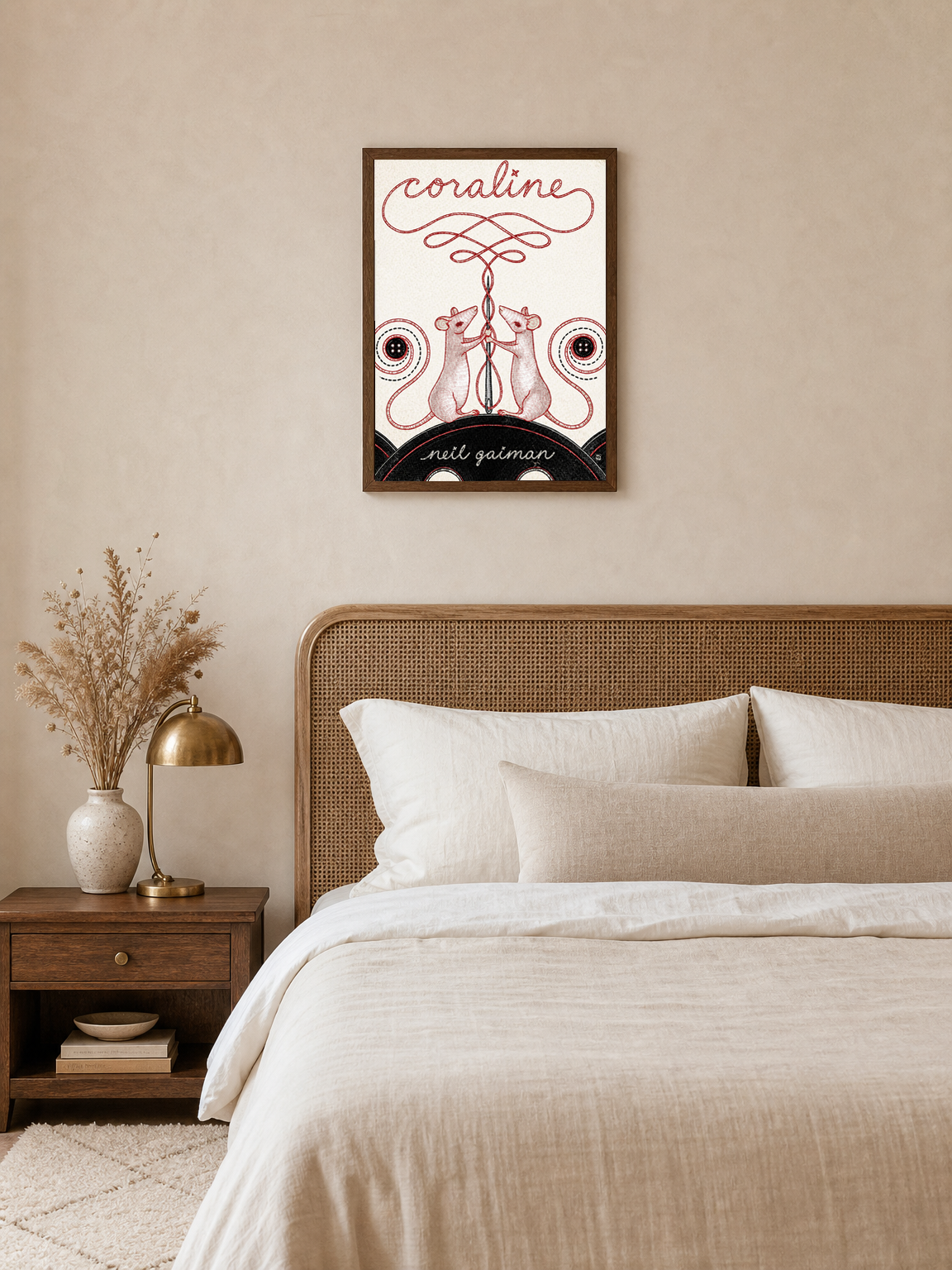 Coraline Inspired Mice Illustration Wall Art Print - dark wood framed