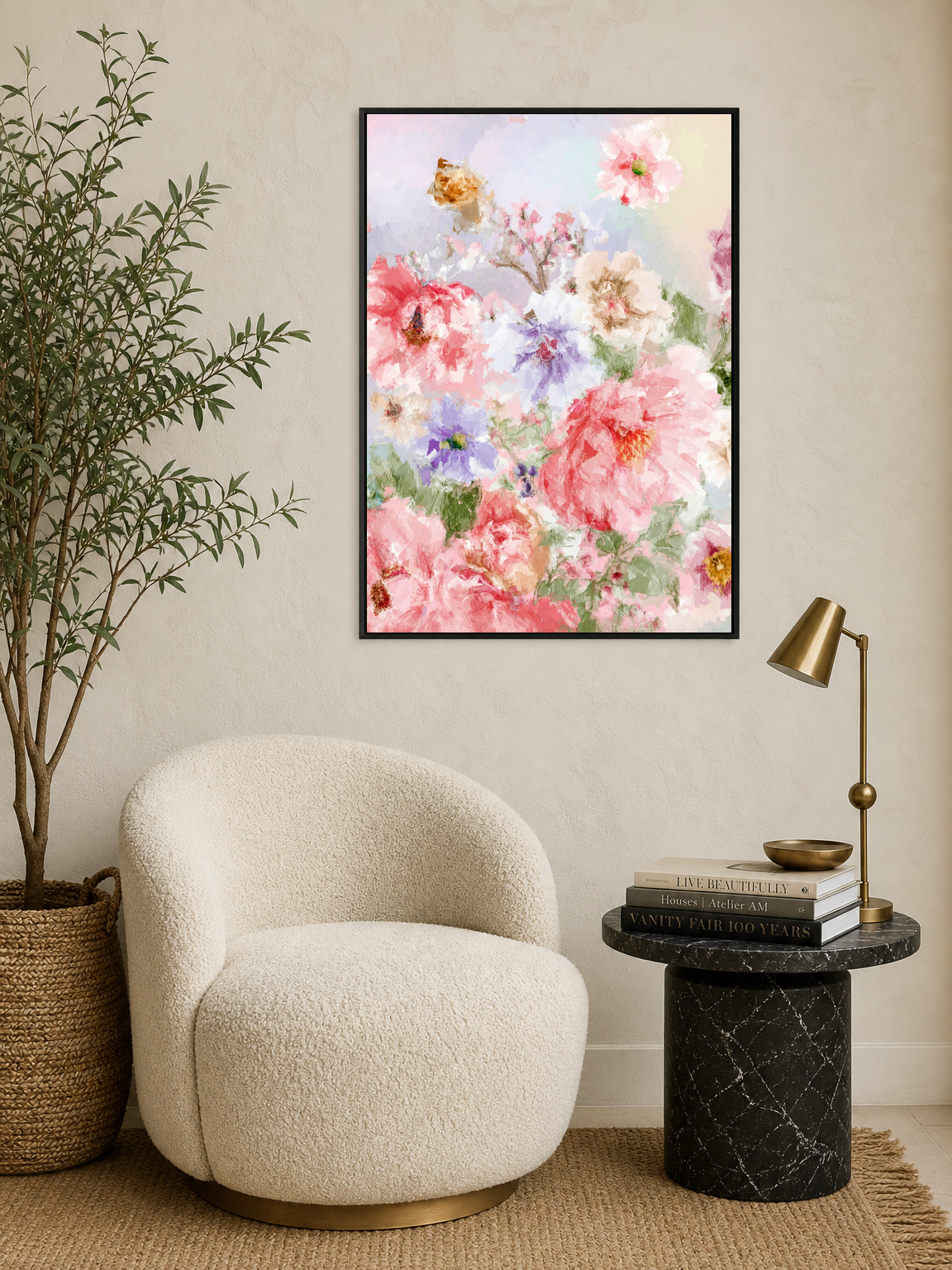 Pastel Floral Garden Wall Art Print - black framed