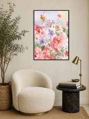 Pastel Floral Garden Wall Art Print - black framed