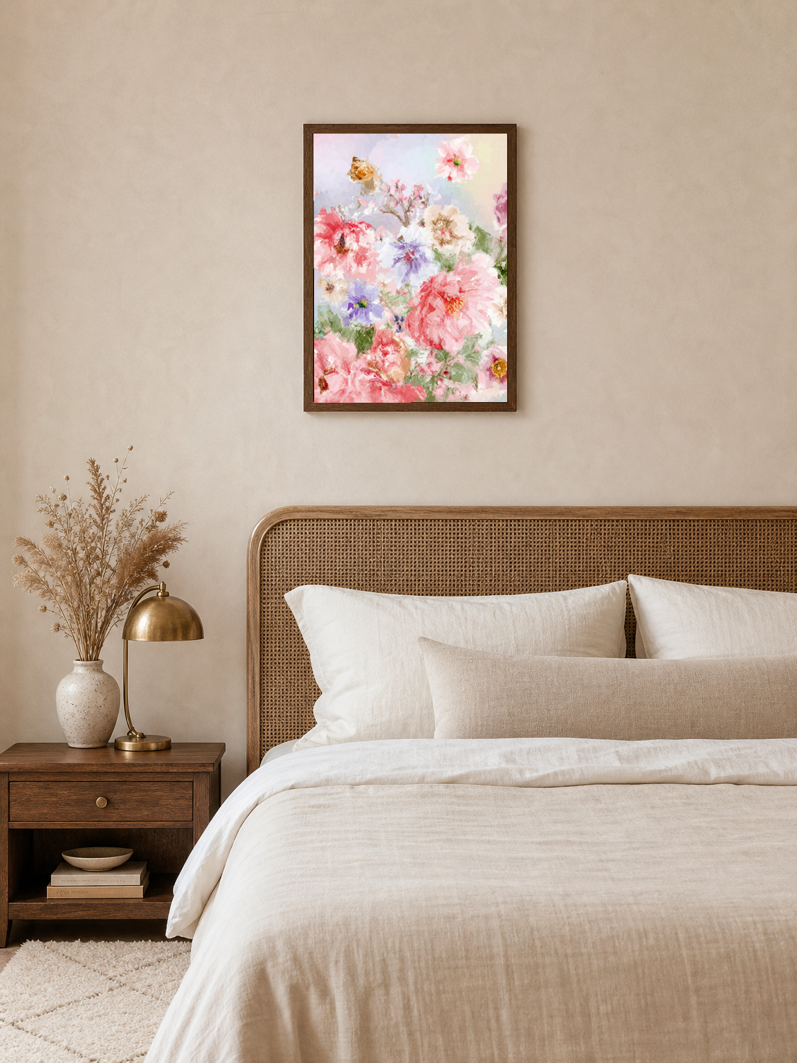 Pastel Floral Garden Wall Art Print - dark wood framed
