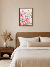 Pastel Floral Garden Wall Art Print - dark wood framed