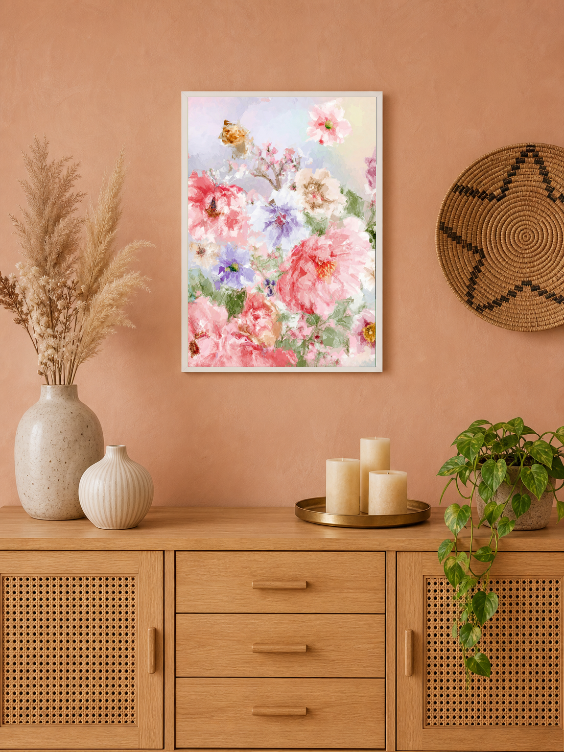 Pastel Floral Garden Wall Art Print - white framed