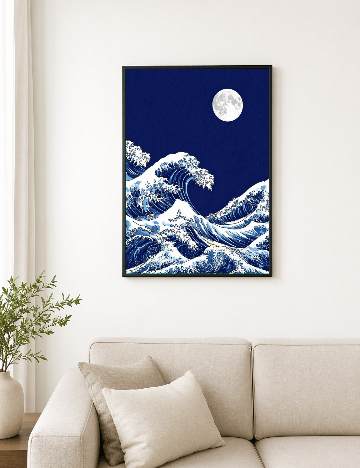 Moonlit Great Wave Wall Art Print - black framed
