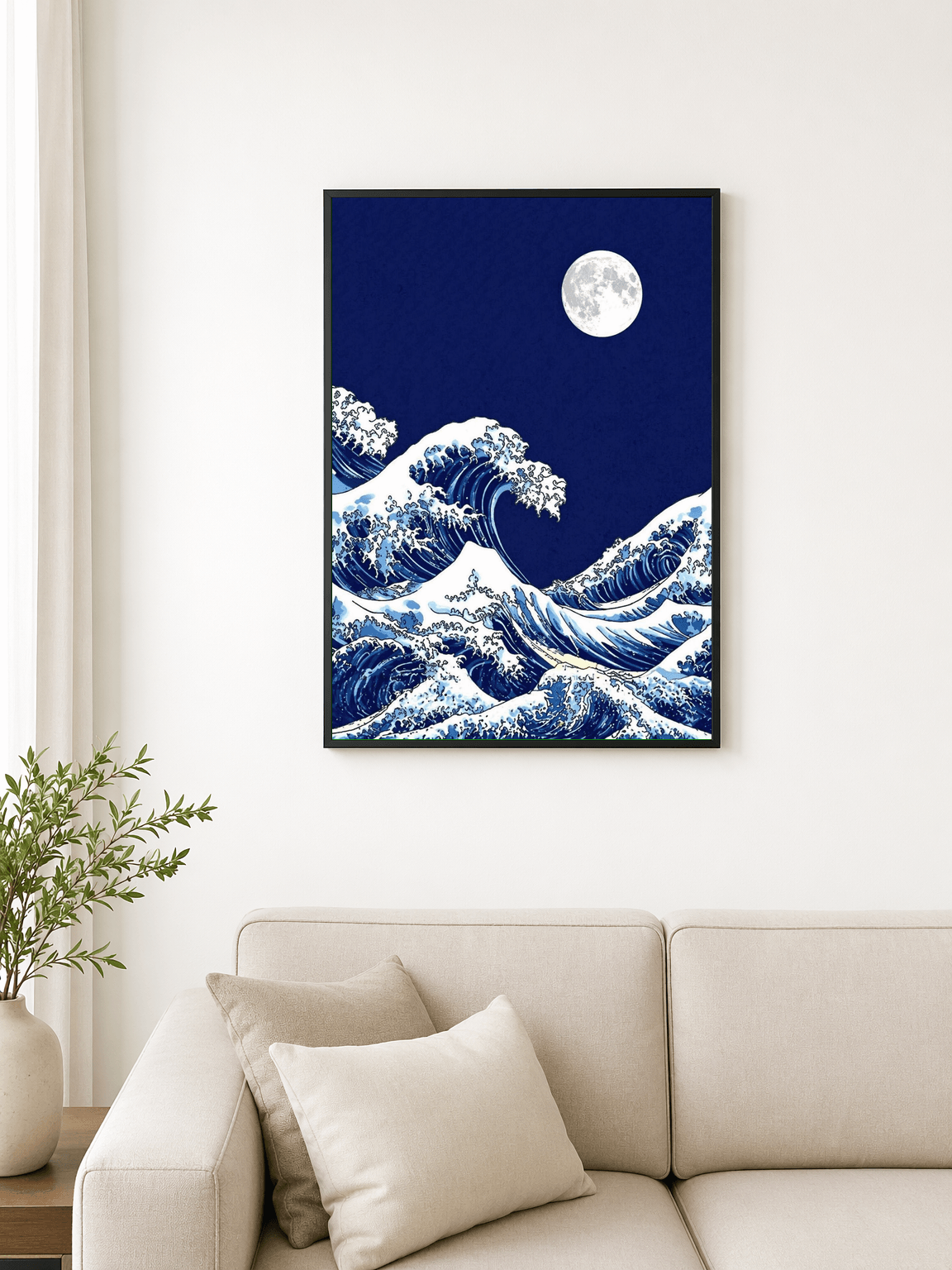 Moonlit Great Wave Wall Art Print - black framed