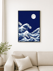 Moonlit Great Wave Wall Art Print - black framed