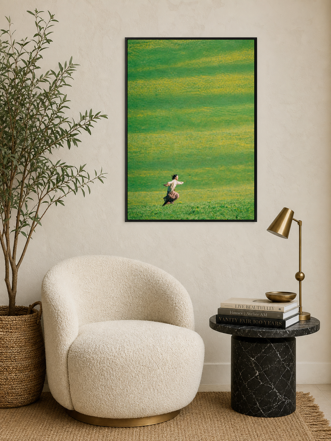 Woman Running in Green Field Wall Art Print - black framed