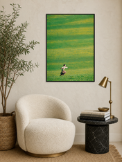 Woman Running in Green Field Wall Art Print - black framed