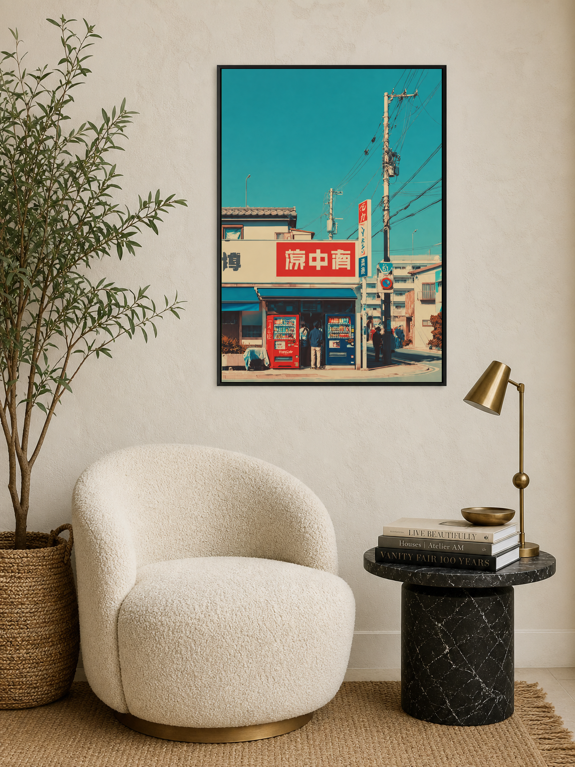 Retro Japanese Street Corner Wall Art Print - black framed