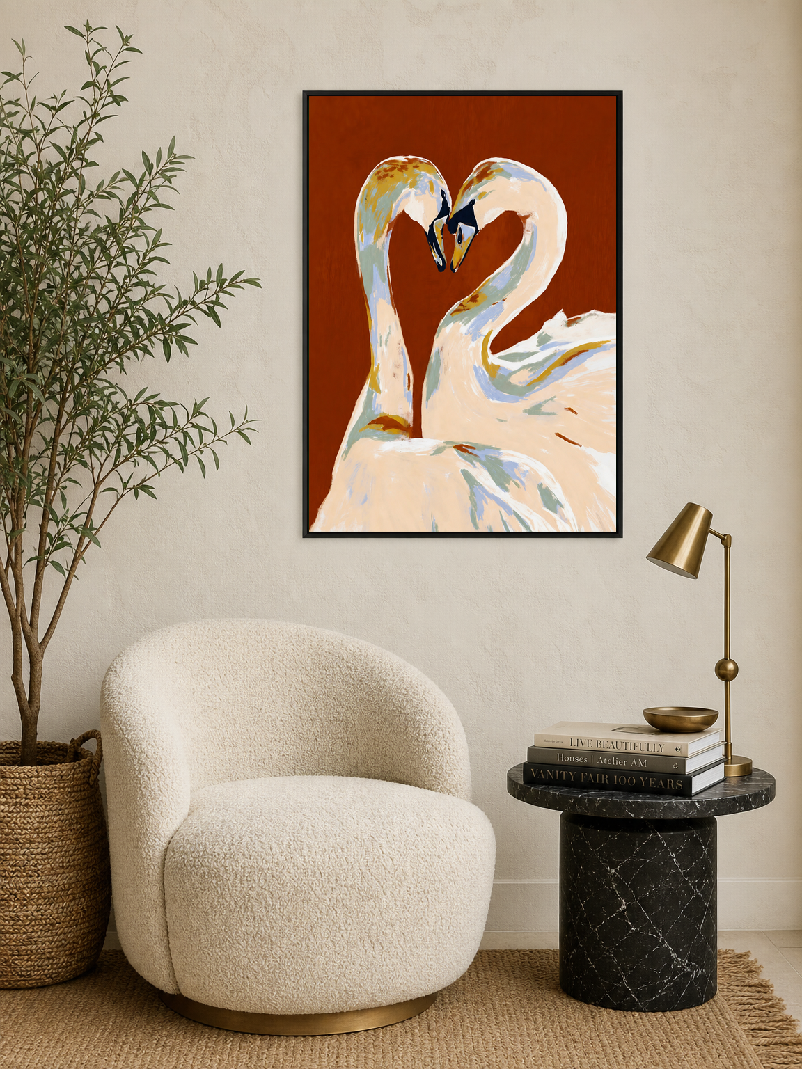 Swan Couple Heart Abstract Wall Art Print - black framed