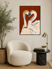 Swan Couple Heart Abstract Wall Art Print - black framed