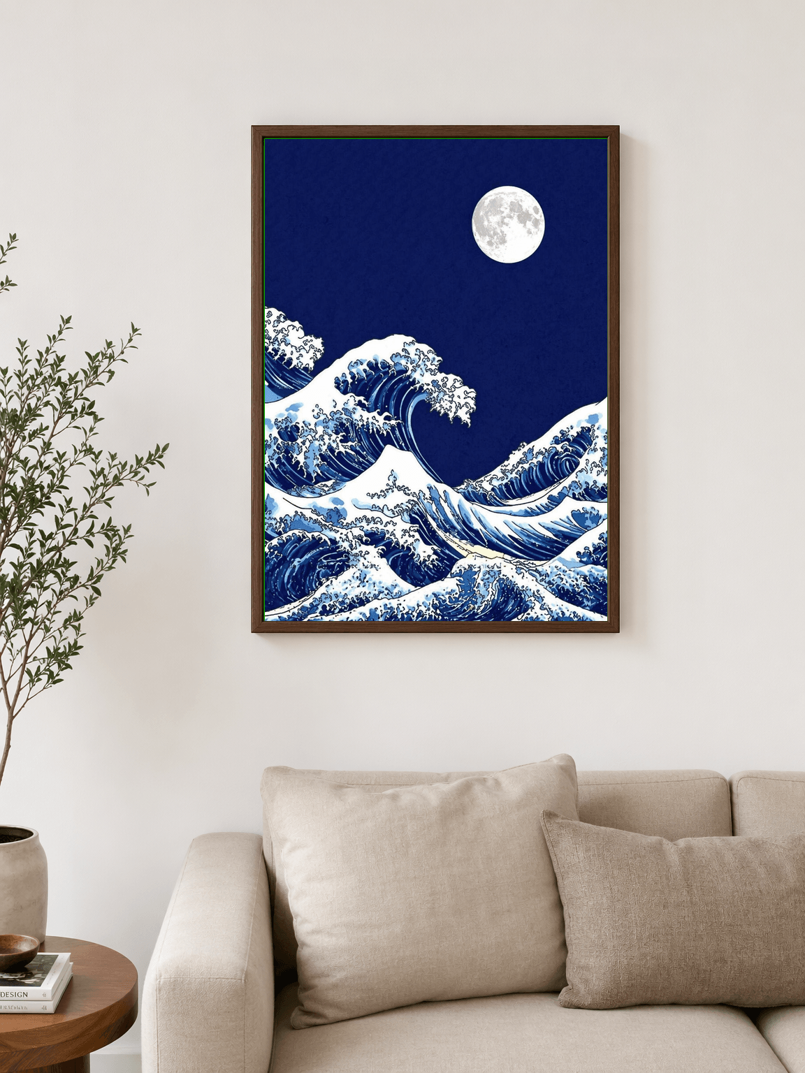Moonlit Great Wave Wall Art Print - dark wood framed