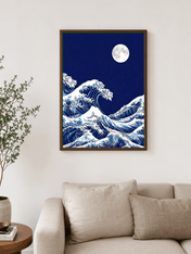 Moonlit Great Wave Wall Art Print - dark wood framed