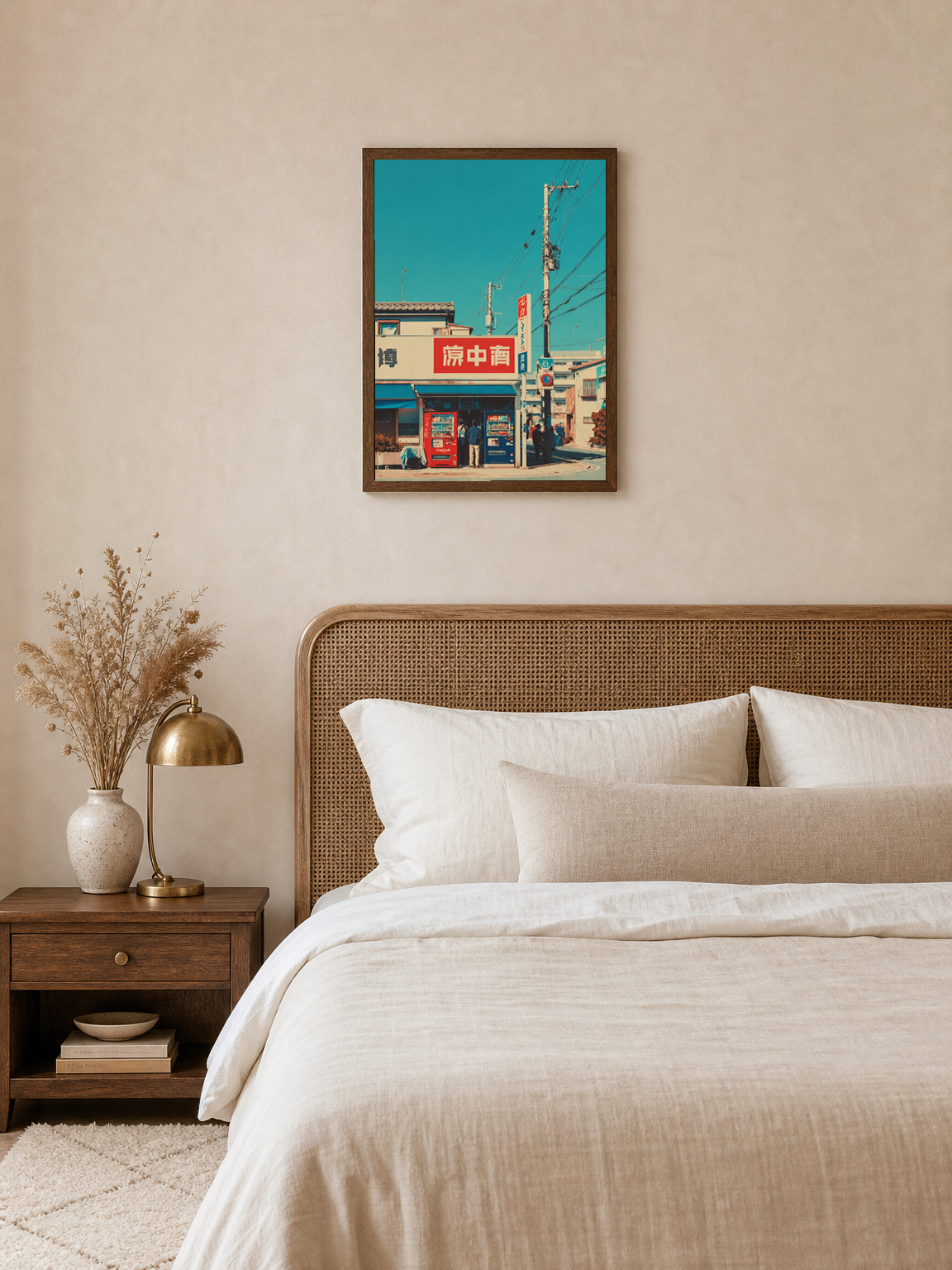 Retro Japanese Street Corner Wall Art Print - dark wood framed