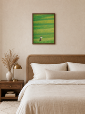 Woman Running in Green Field Wall Art Print - dark wood framed
