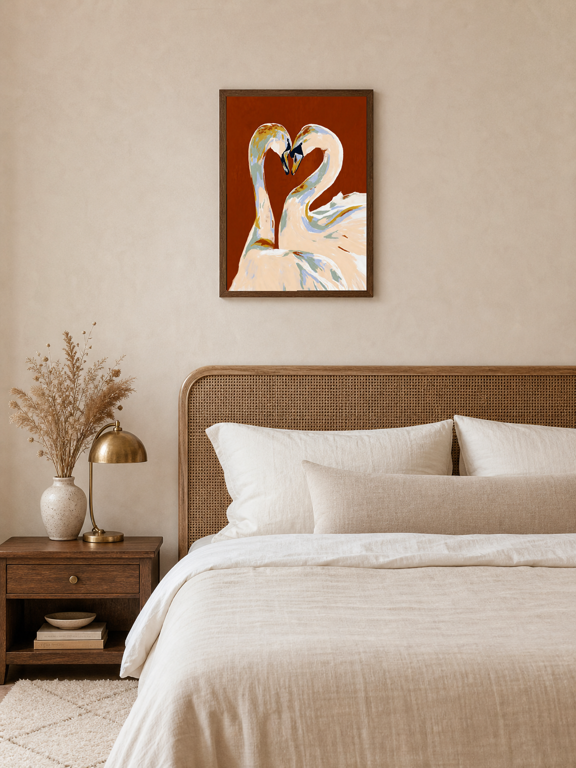 Swan Couple Heart Abstract Wall Art Print - dark wood framed