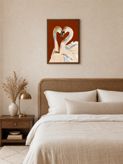 Swan Couple Heart Abstract Wall Art Print - dark wood framed