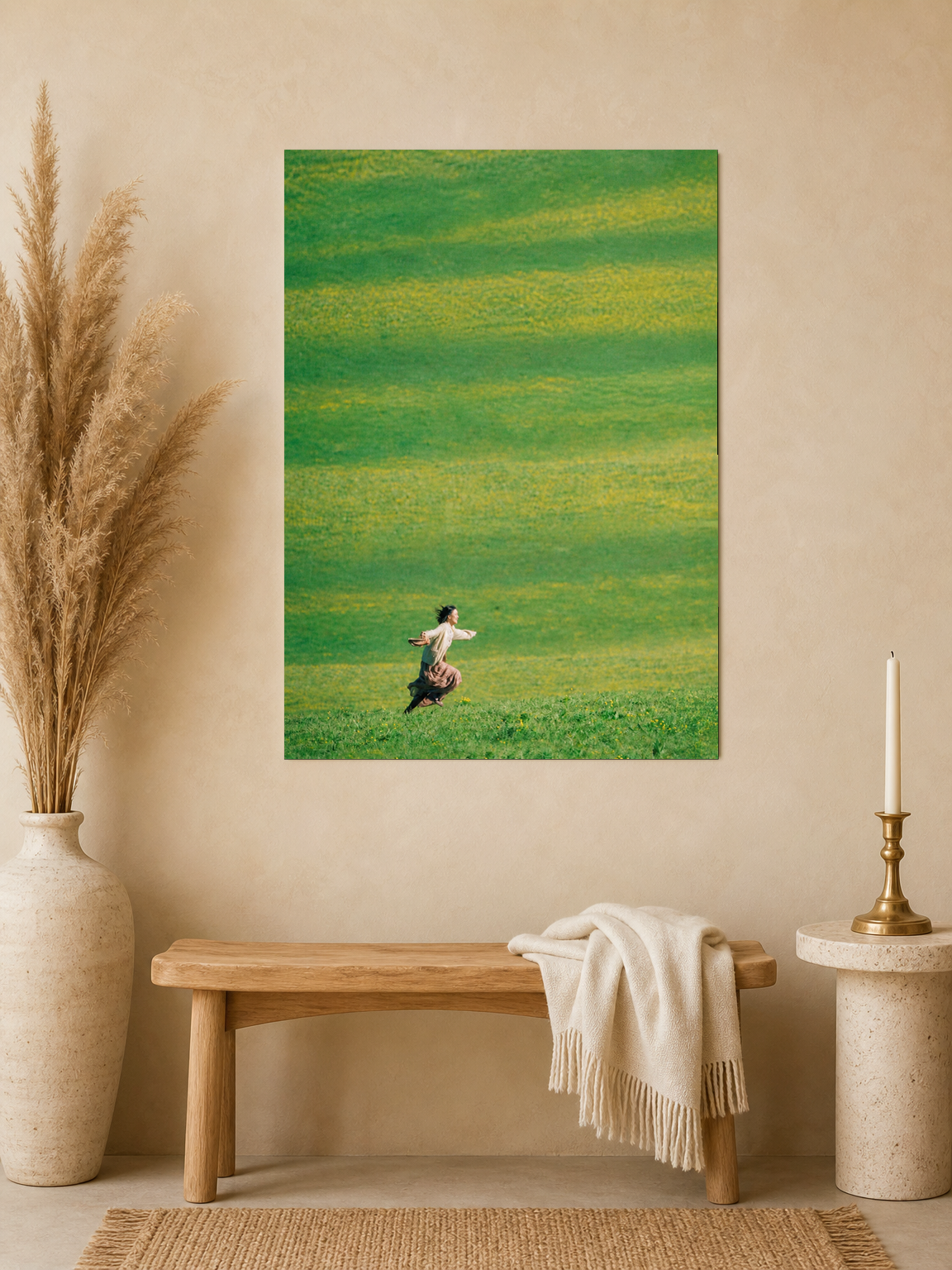 Woman Running in Green Field Wall Art Print - unframed mockup