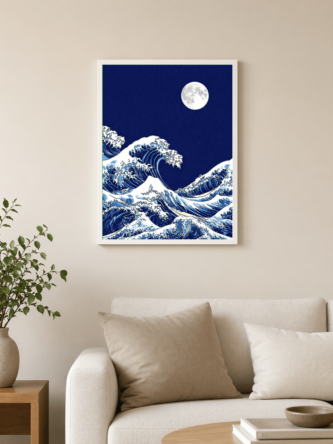 Moonlit Great Wave Wall Art Print - white framed