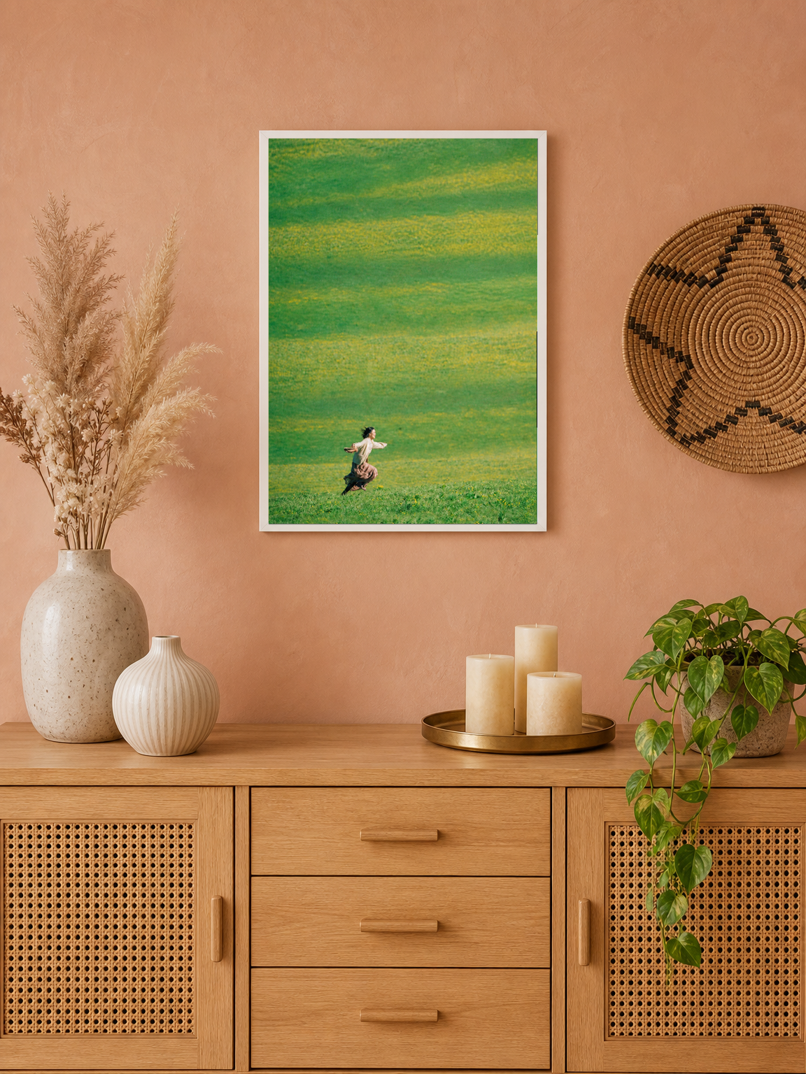 Woman Running in Green Field Wall Art Print - white framed