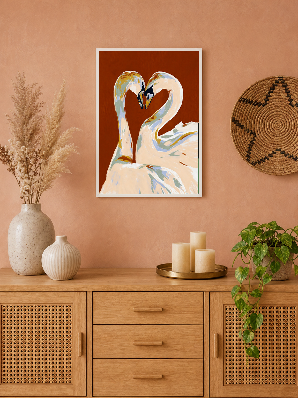 Swan Couple Heart Abstract Wall Art Print - white framed