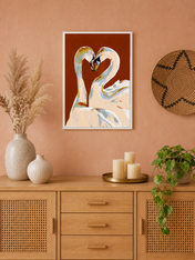 Swan Couple Heart Abstract Wall Art Print - white framed