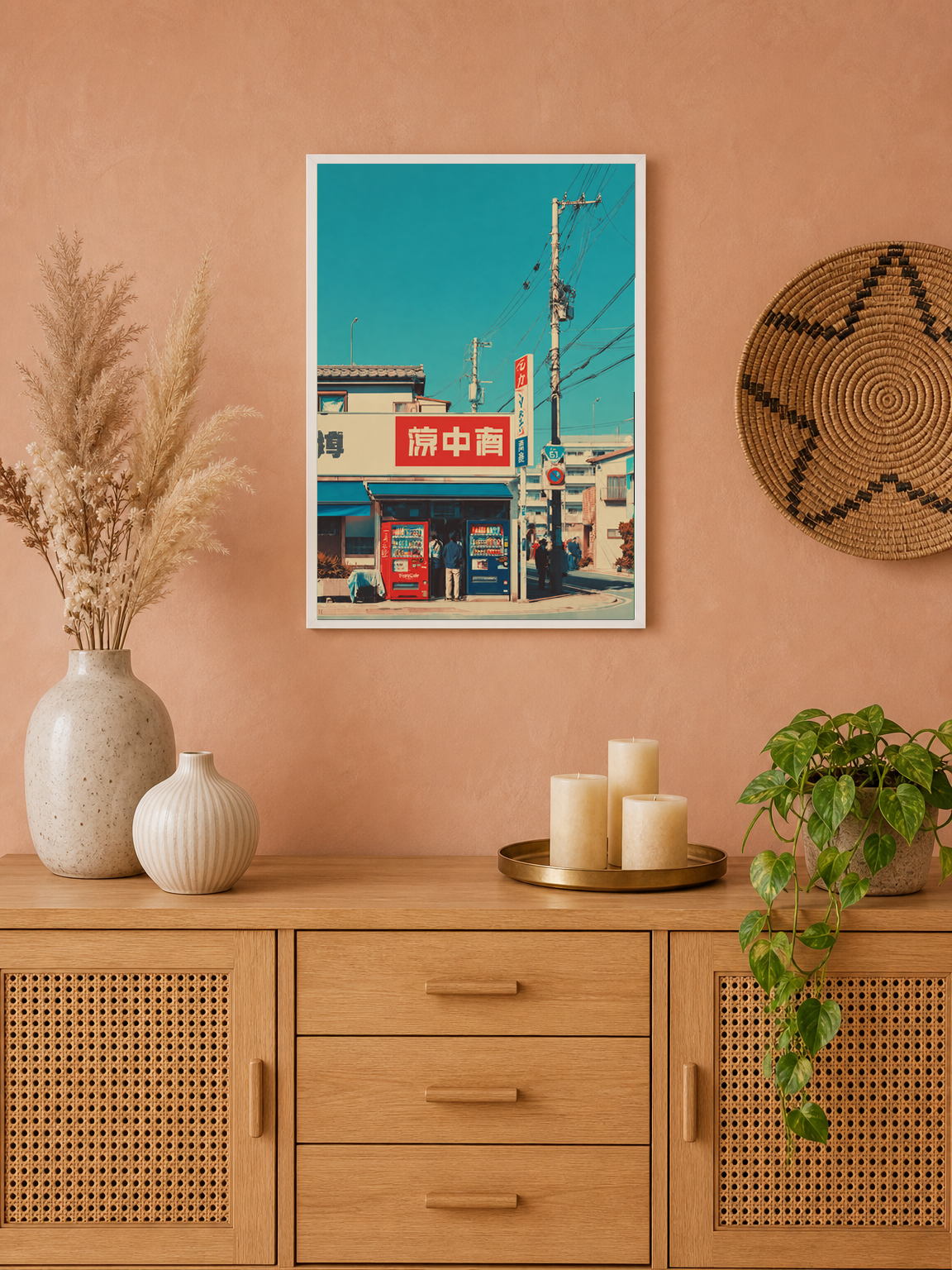 Retro Japanese Street Corner Wall Art Print - white framed