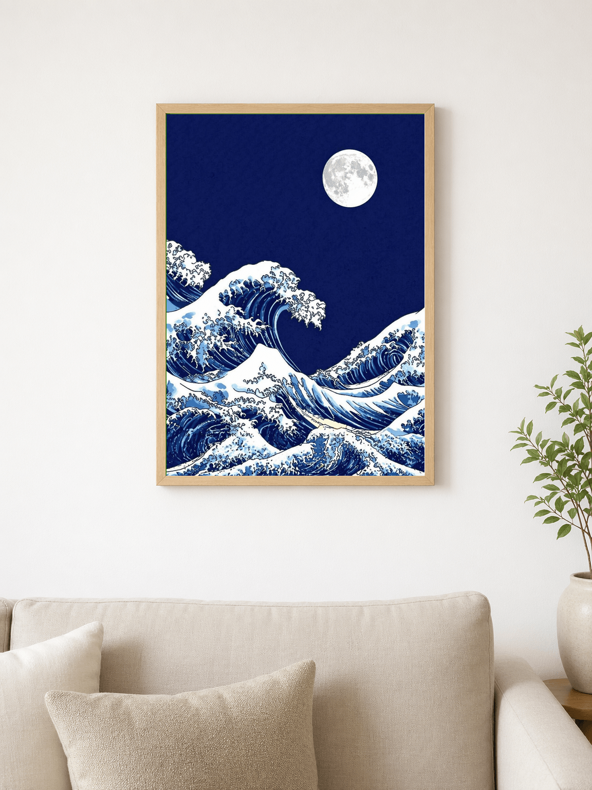 Moonlit Great Wave Wall Art Print - wood framed poster